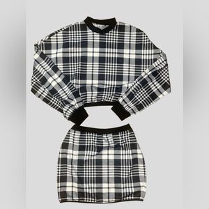 Plaid black and white sweater and skirt set
